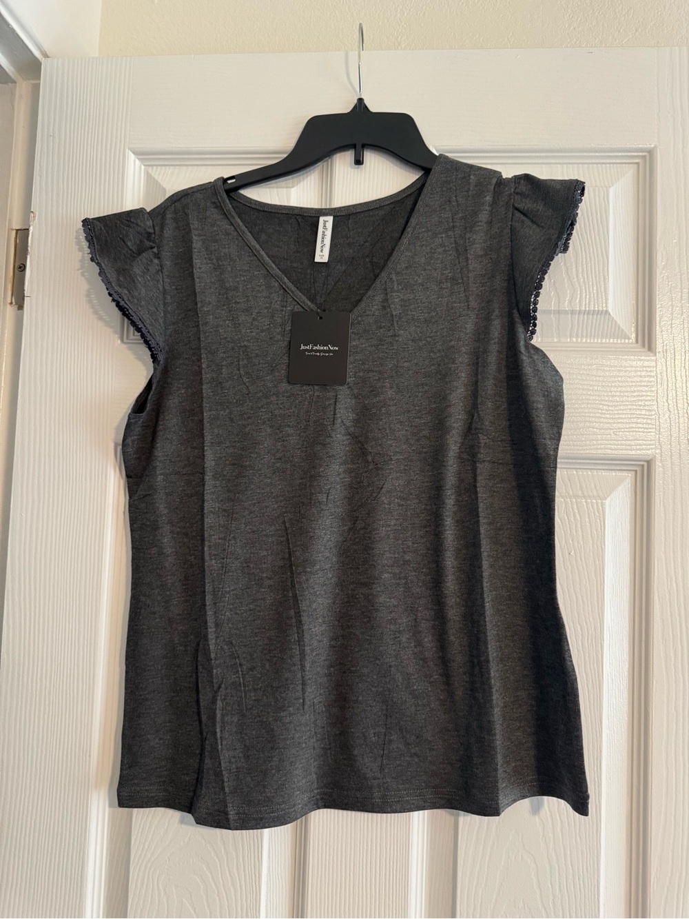 Charcoal Gray V-Neck Flutter Sleeve Top -